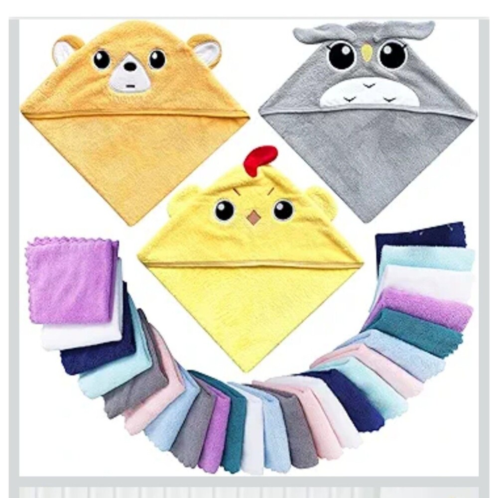 3 Pack Baby Hooded Bath Towel with 24 Count Washcloth Set